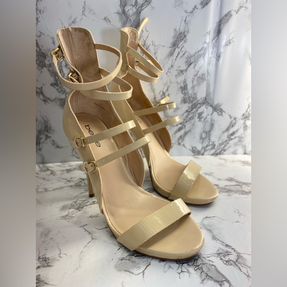 Bebe Cream Patent Strappy Multibuckle Gladiator 5 inch Stiletto Heels Size 9